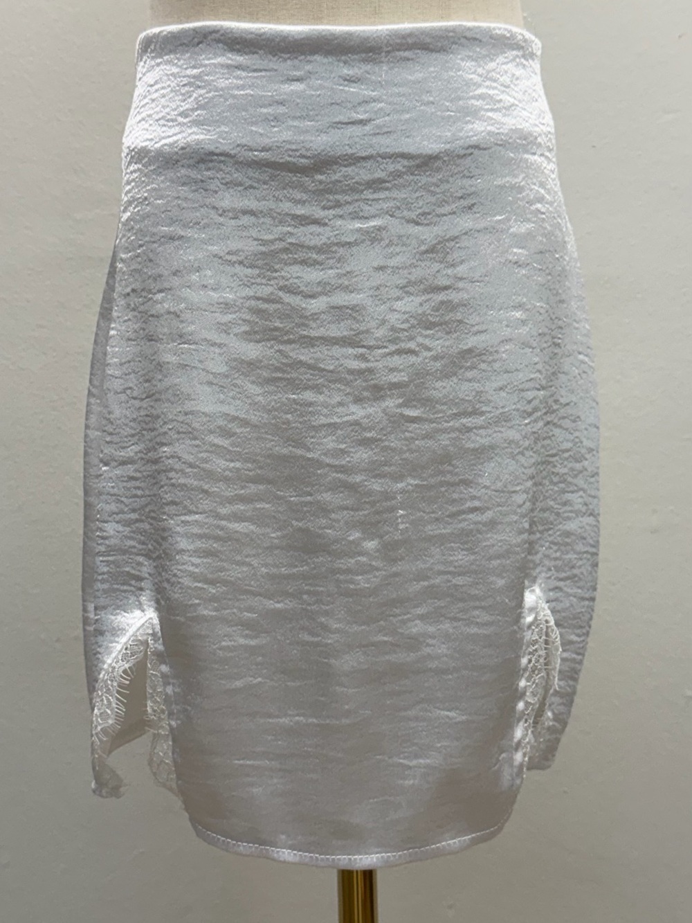 LYANER White Satin Mini Skirt Lace Slit Y2K Coquette Bridal Party Date Night